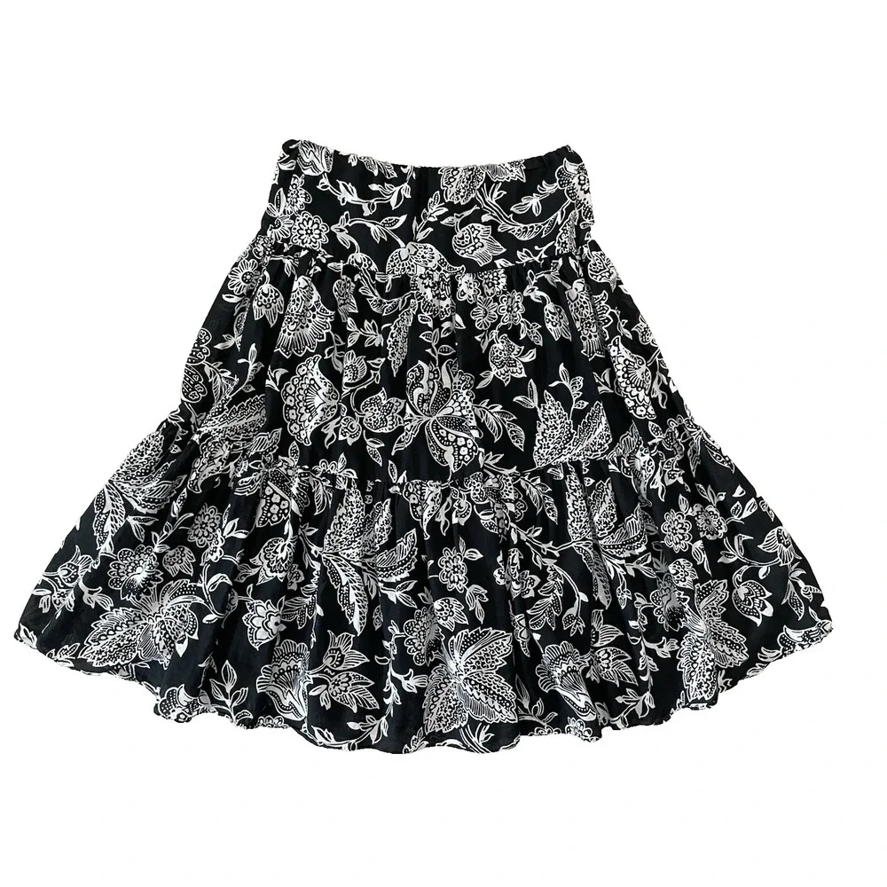 Vtg Y2K Ralph Lauren Tiered‎ Layered Maxi Skirt M Black White Floral Cotton Boho